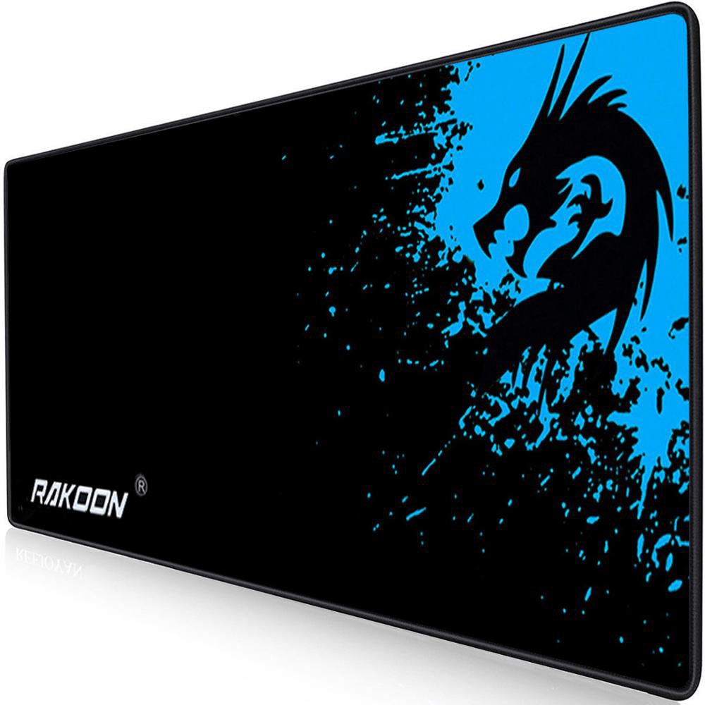 RAKOO n gaming monitor with a black screen and blue graphic dragon splash on the right, brand name visible bottom-left.