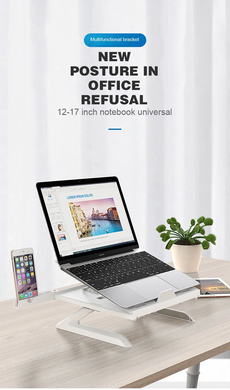 NEW POSTURE IN OFFICE REFUSAL promotional banner with laptop stand on desk, iPhone, plant, and bright backdrop.