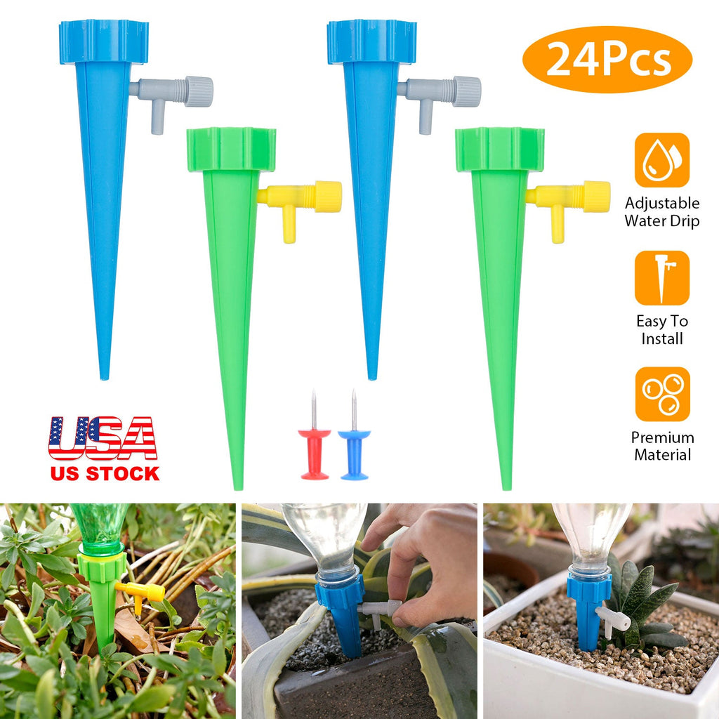 1 set of 24 green and blue watering spikes with adjustable valves, 2 pins and a manual.