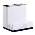 Storage box organizer with a white vertical body and a front pocket labeled “BOX” for storage, set on a black base.