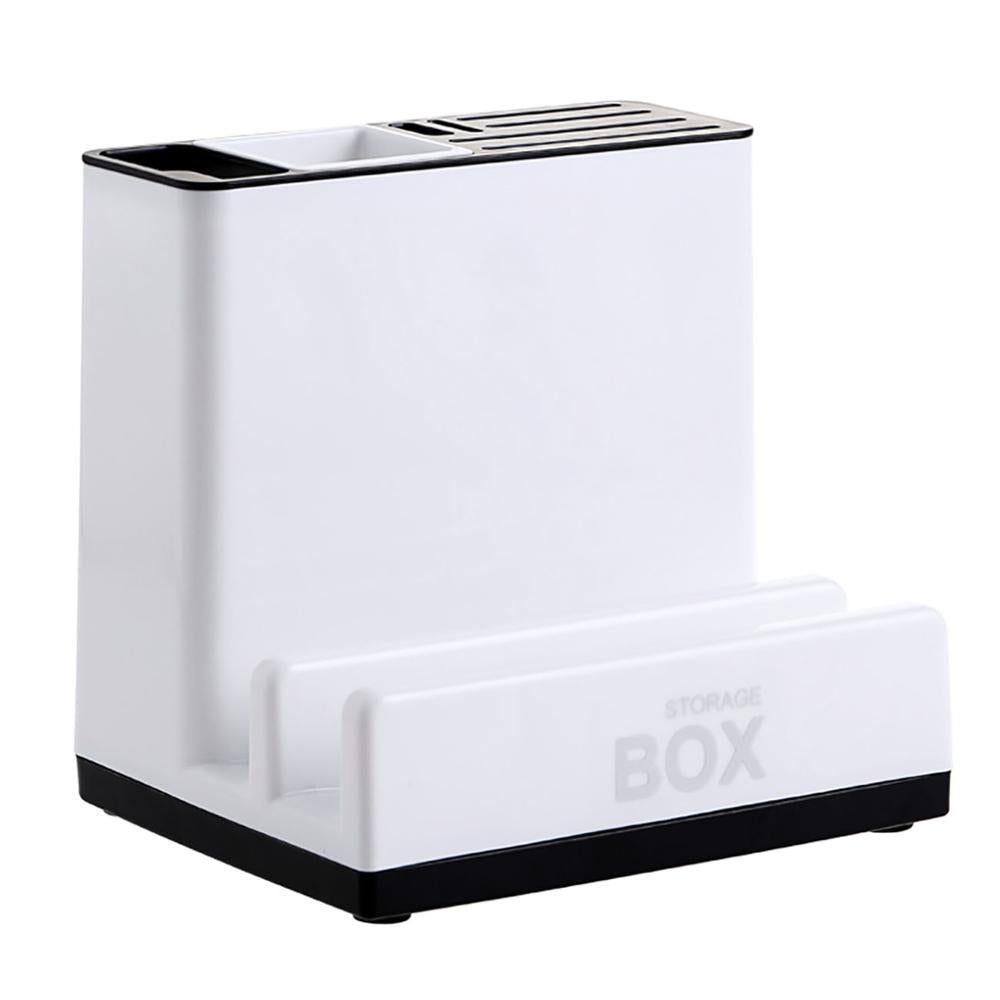 Storage box organizer with a white vertical body and a front pocket labeled “BOX” for storage, set on a black base.