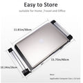 Easy to Store laptop stand with a closed laptop; dimensions shown: 11.81in/30cm width, 15.75in/40cm length, 10.24in/26cm depth. Suitable for homes, travel, and office.