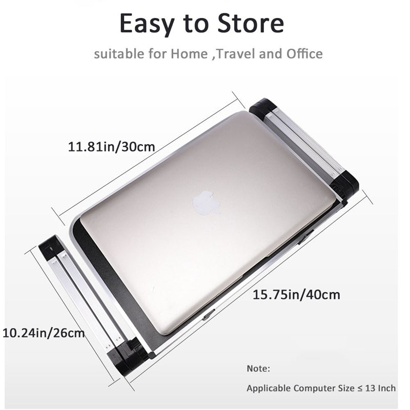 Easy to Store laptop stand with a closed laptop; dimensions shown: 11.81in/30cm width, 15.75in/40cm length, 10.24in/26cm depth. Suitable for homes, travel, and office.