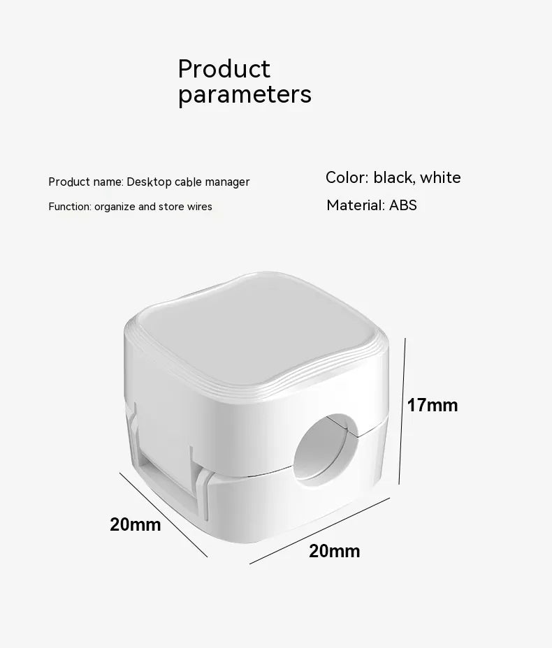 Clip magnétique blanc pour câble, dimensions 20 × 20 × 17 mm, en ABS avec base adhésive.