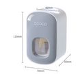 Compact wall-mounted bottle/cottle sanitizer dispenser with dimensions: 113mm tall, 70mm wide, 60mm depth; glossy gray front panel with logo.