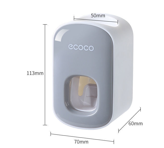 Compact wall-mounted bottle/cottle sanitizer dispenser with dimensions: 113mm tall, 70mm wide, 60mm depth; glossy gray front panel with logo.